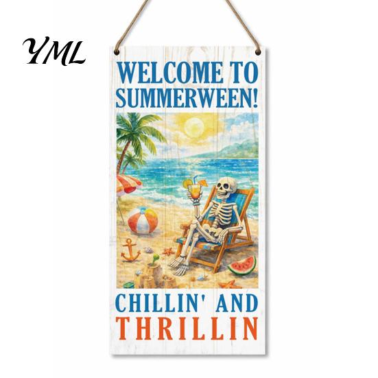 Decorative Wooden Sign Summer Hanging Sign, Welcome Front Door Decor with Solid Wood Wall Plaque Rope, Colorful Hanger for Seasonal Farmhouse