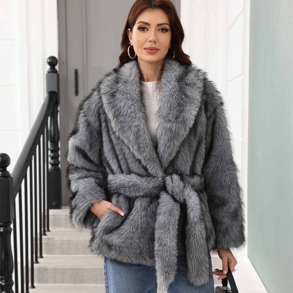 Long Faux Fur Coat Women Autumn Winter Large Jacket Overcoat Turn Down Collar Pockets Luxury Thick Coat Warm Jackets Maxi Coats