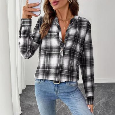 Women Shirt V Neck Buttons Half Placket Long Sleeve Pullover Tops Plaid Pattern Casual Regular Fit Office Lady Shirt