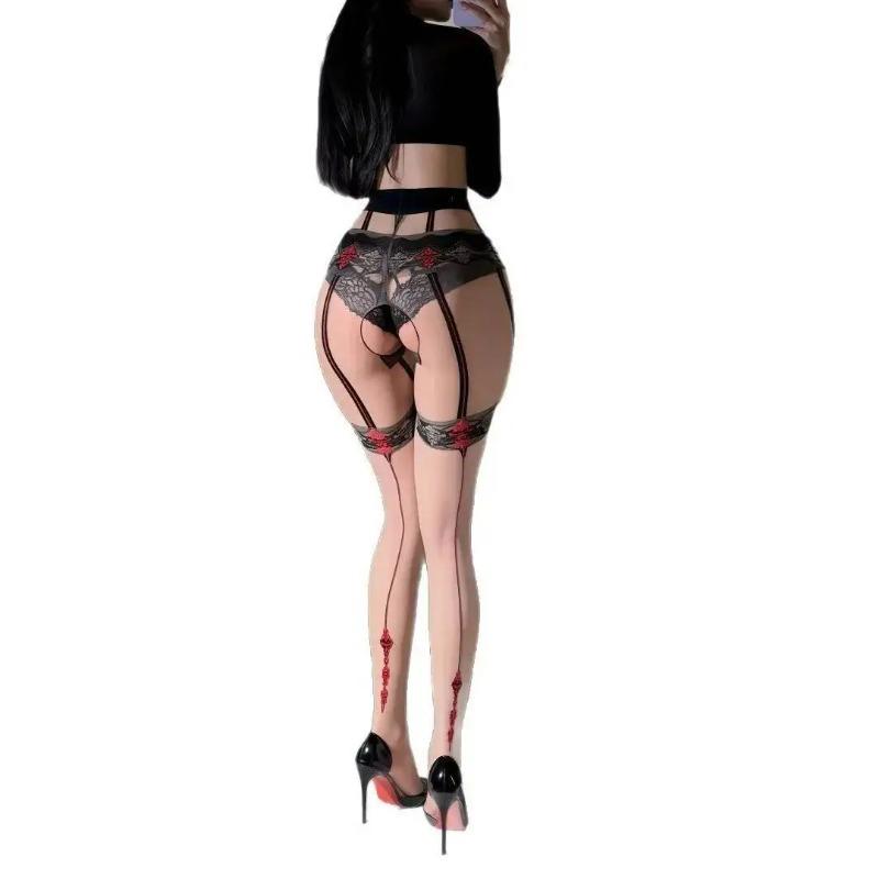 Sexy Stockings Pure Desire Sexy Plus Size Open Crotch Temptation High Waist Pantyhose Fake Suspender Stockings Mesh Lace IPE8