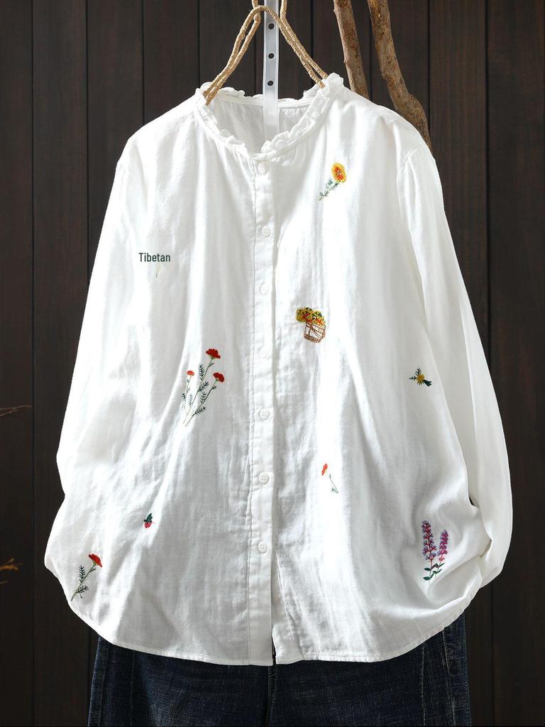 Spring/Summer 2026 Women's Embroidered Cotton Linen Cardigan with Ruffled Collar and Long Sleeves.