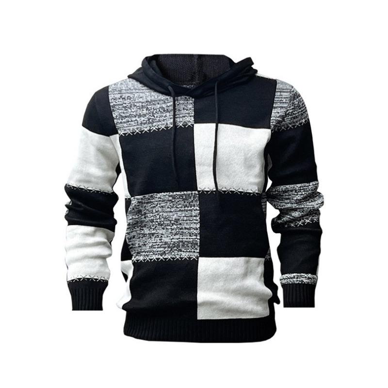 Men's Pullover Long Sleeve Knitted Autumn and Winter Casual Printed Hooded Sweater Top