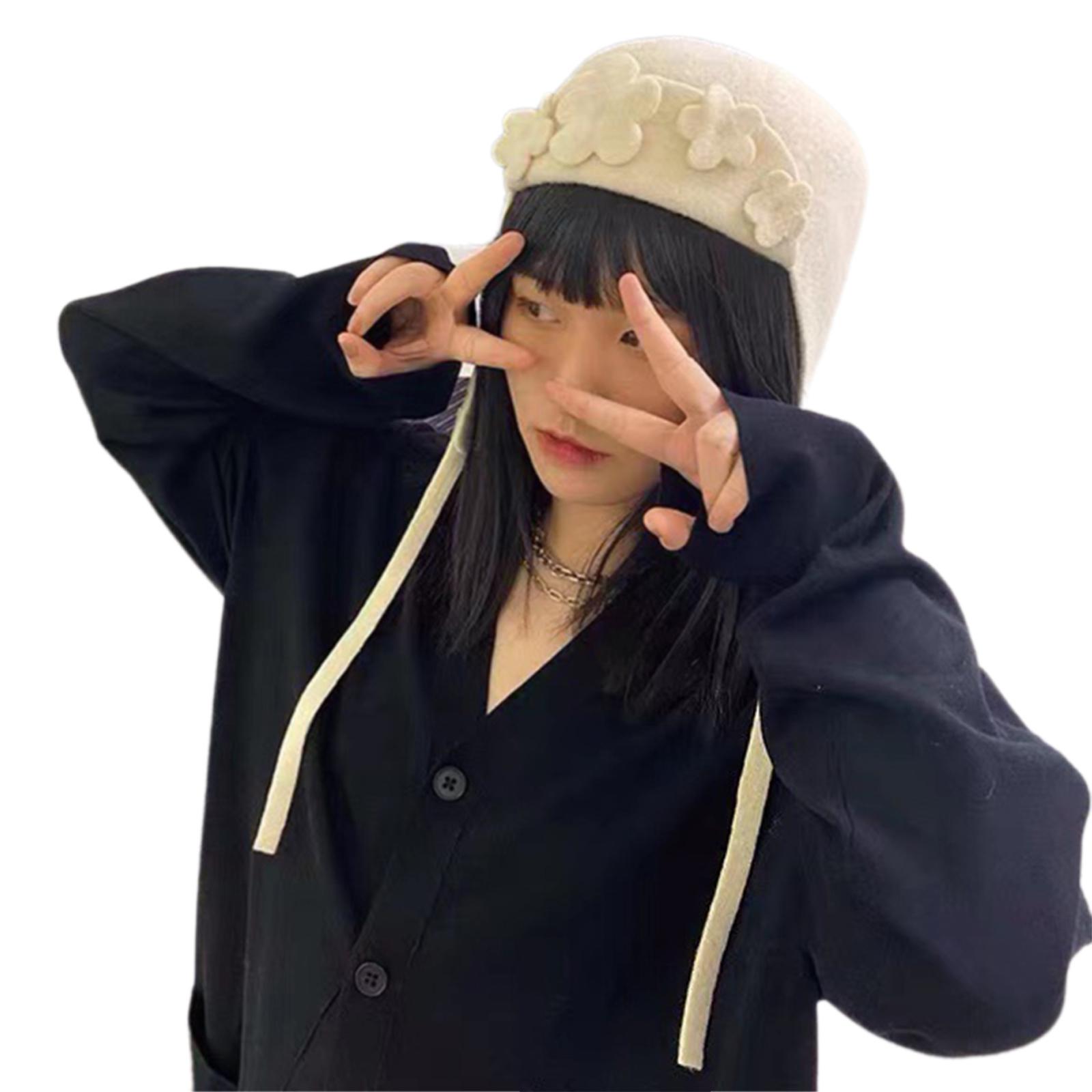 

Handmade Wool Flower Hat Ear Covering Hat Elegant Wool Hat Cold Weather Hat for Cold Weather белый