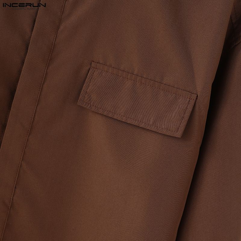 INCERUN S-5XL Men Casual Stand Neck Long Sleeve Loose Cargo Shirts Tops