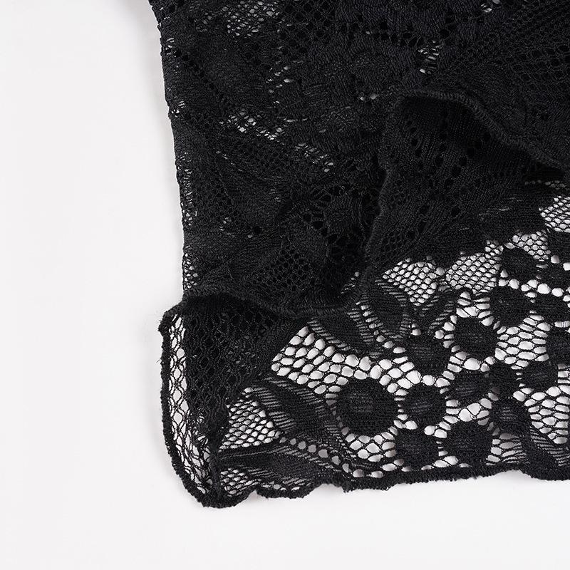 European & American One-Shoulder Lace Patchwork See-Through Cropped T-Shirt