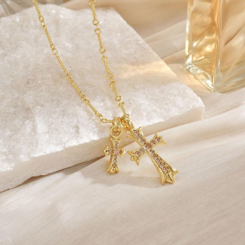 Double Cross Pendant Necklace Couples Titanium Steel Charm With Colored Cubic Zirconia Gold Rose Chain