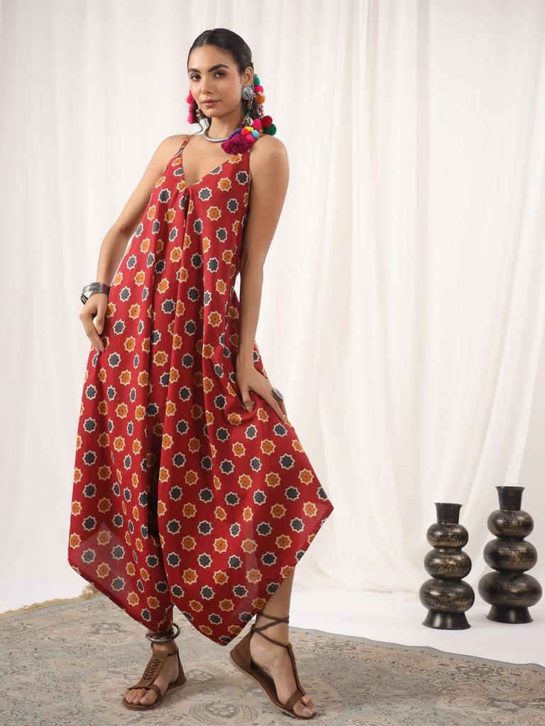 Hand Block Print Jumpsuit Baumwolle Rot Schwarz Jumpsuit,Einheitsgröße mit Taschen Boho Chic Handgefertigt Yoga Jumpsuit Sommer,lockerer Overall,Harem Jumpsuit