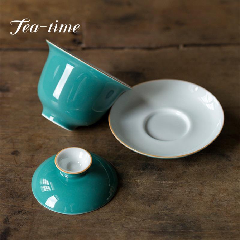 160ml Handmade Turquoise Green Glaze Tea Tureen Jingdezhen Ceramic Large Hand Grab Bow with Lid Tea Maker Gaiwan Kung Fu Tea Set