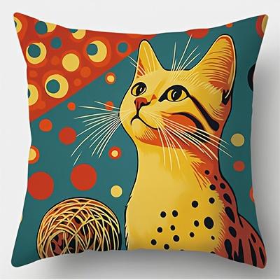 Vibrant Retro Art Cat Pillow Cover Decorative Pillow Case Cushion Cover For Home Couch Sofa Living Room Bedroom Bed Decorat