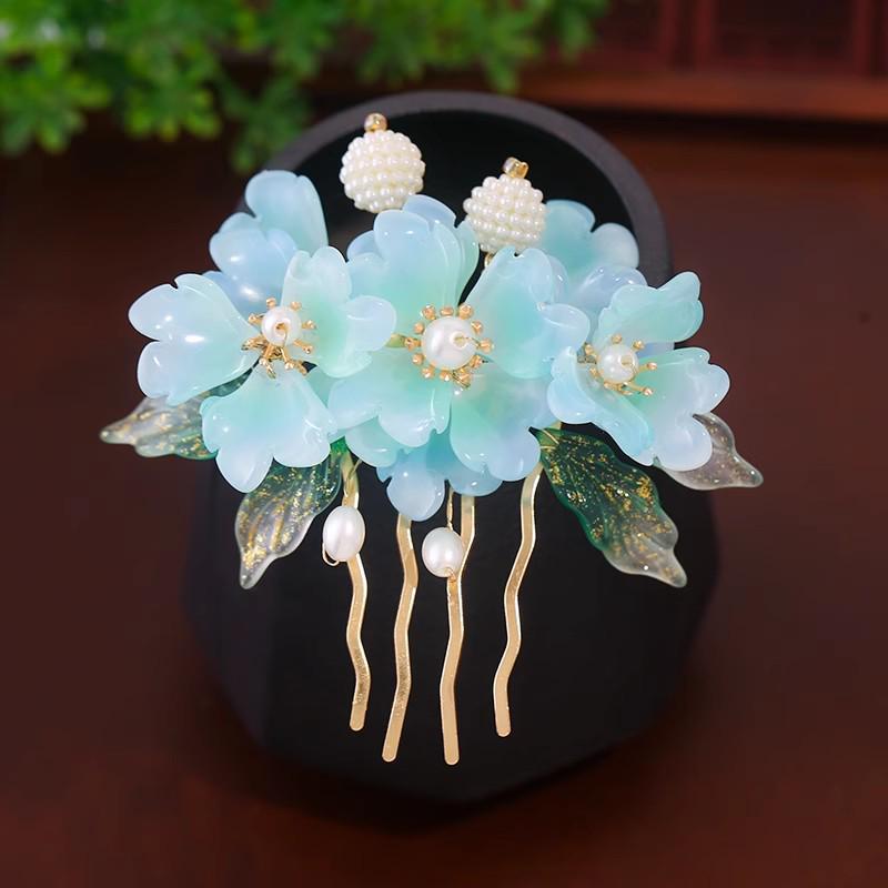 Damen Perlenblume Hanfu Haarnadel Kamm – Antiker Stil Hochsteckfrisur Accessoires