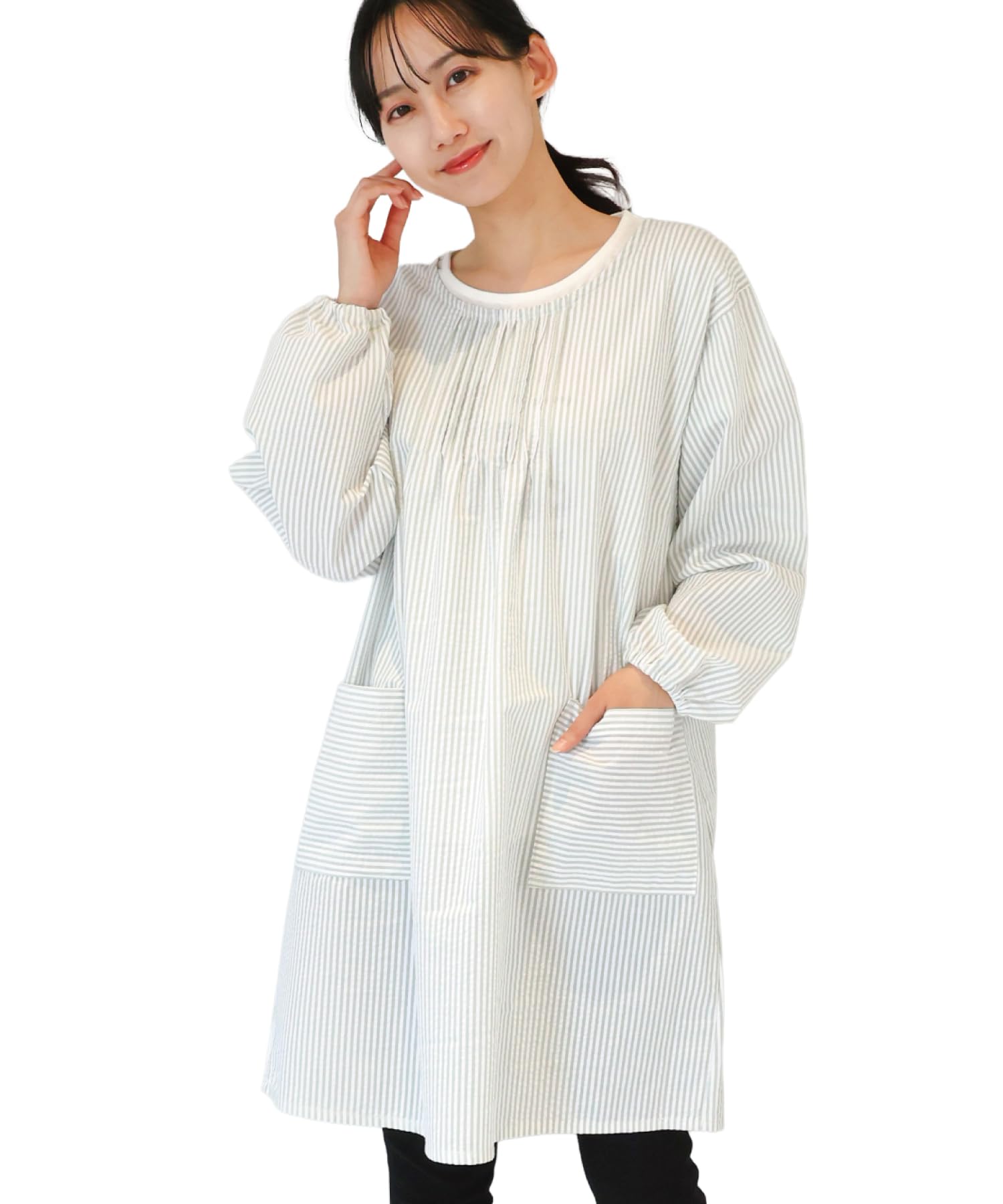 

[ON NISHIKI] Women s Apron, Stylish and Cute, 100% Cotton, Lightweight, Long Length, with Pockets, Sleeved Apron (Blue Green: 3/ML/72617)