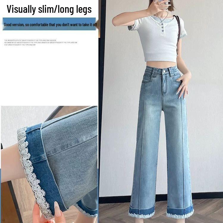 Women's Summer 2026 Lace Trim Baguette Jeans with Embroidered Patchwork: Petite, Slim Fit, 7/8 & 9/10 Lengths
