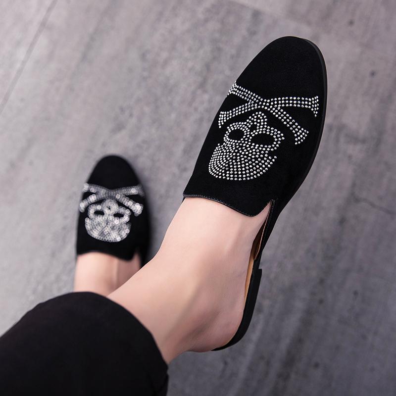 Fashion Half Slippers Breathable Mens Half Shoes Mules Casual Designer Shoes Fashion Loafers Luxury Skull Slippers Leisure Leather Shoes