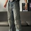Mens Washed Distressed Denim Jeans With Bamboo Stripe Slightly Flared Loose Fit Retro Streetwear Style