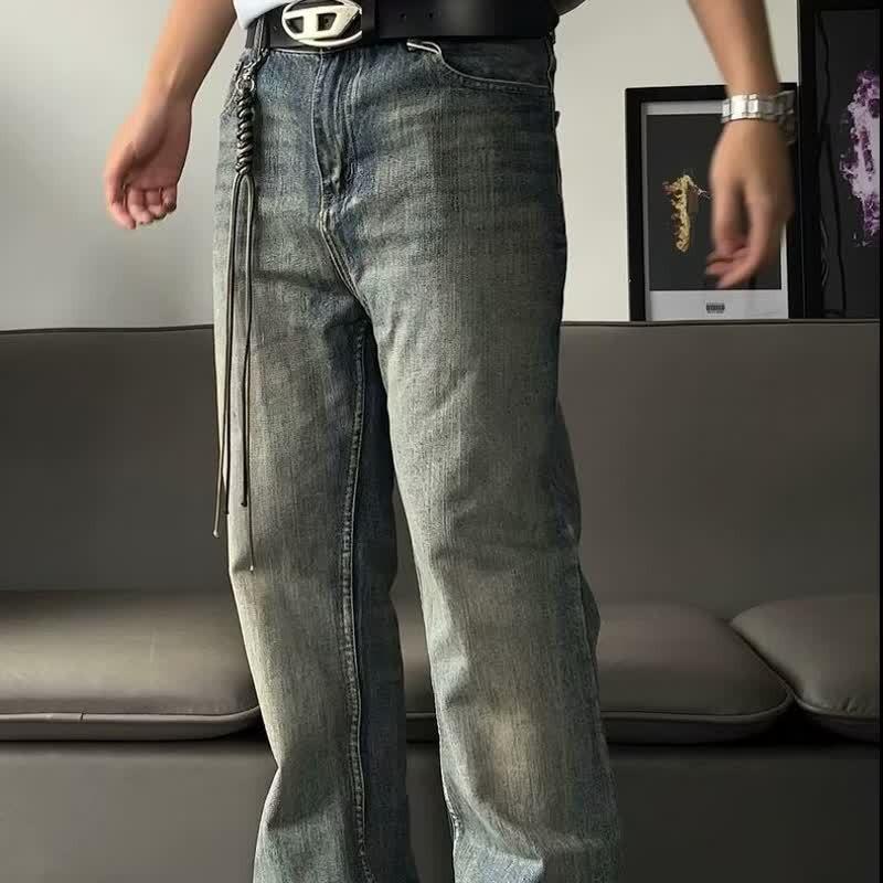 Mens Washed Distressed Denim Jeans With Bamboo Stripe Slightly Flared Loose Fit Retro Streetwear Style