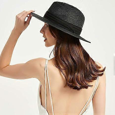 Straw Hat Ladies Summer Beach Sun Hat Wide Brim Fedora, Black