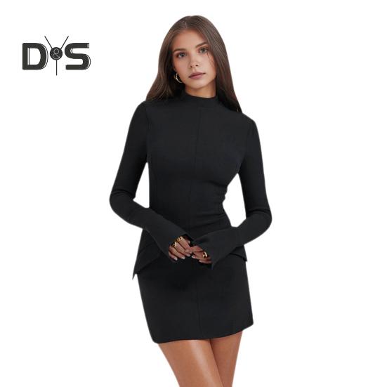 

Осенне-весеннее женское платье-футляр облегающего кроя с воротником-стойкой и имитацией кармана, однотонное, с длинными рукавами, для свиданий, шопинга, поездок на работу, мини-платье XL чёрный