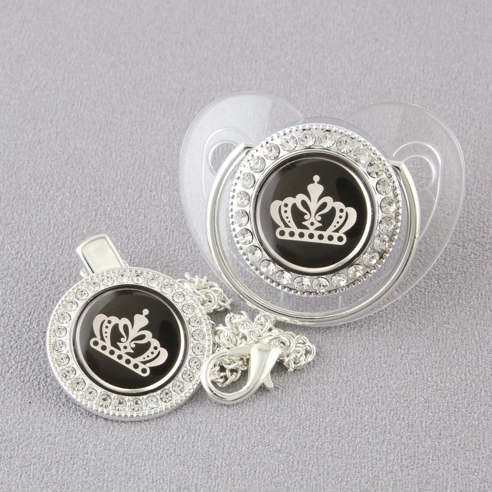 High-End Gold Diamond Baby Pacifier with Cartoon Crown and Chain Clip
