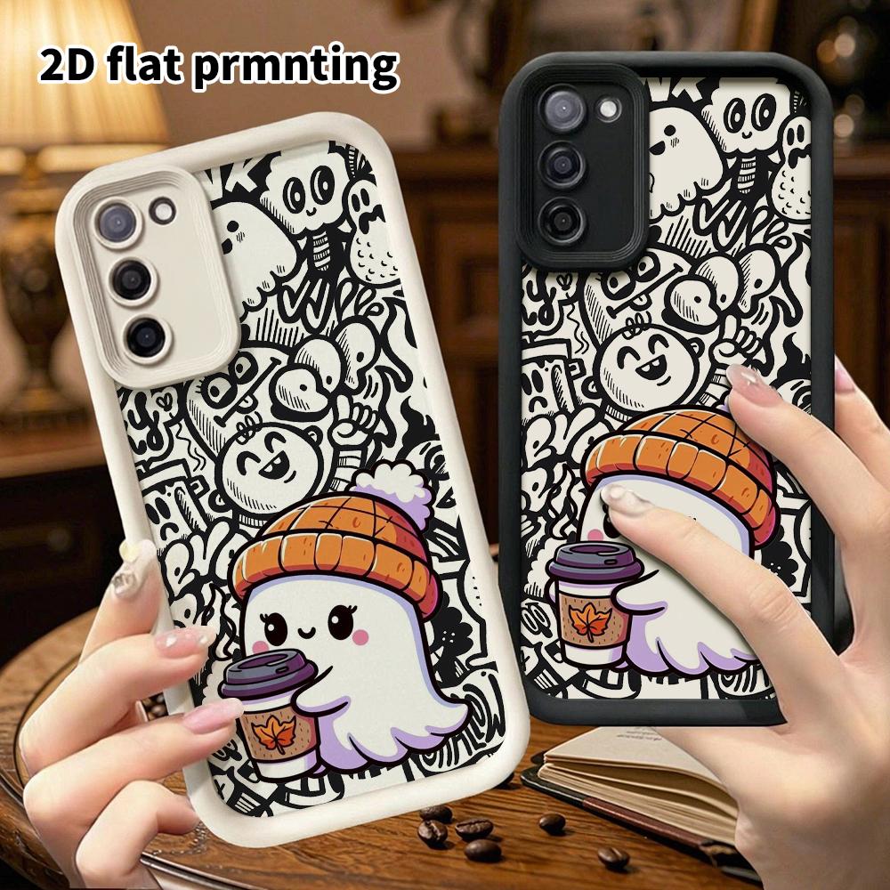 Phone Case: 2D Flat Samsung Galaxy A34 A35 M05 M06 S20 S22 S21 FE Plus 5G Protective Case, Little Coffee Ghost, Christmas and Halloween Gift