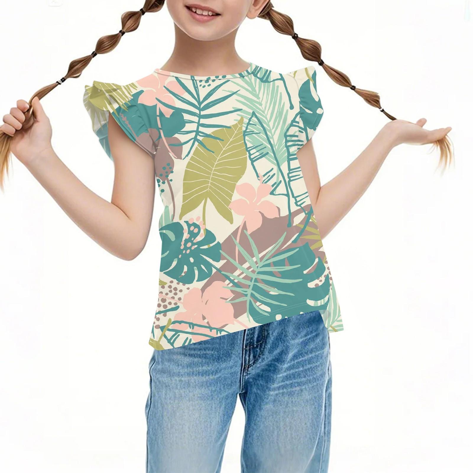 

Детский повседневный топ с короткими рукавами, плиссированный, милый, с гавайским принтом, с круглым вырезом 150