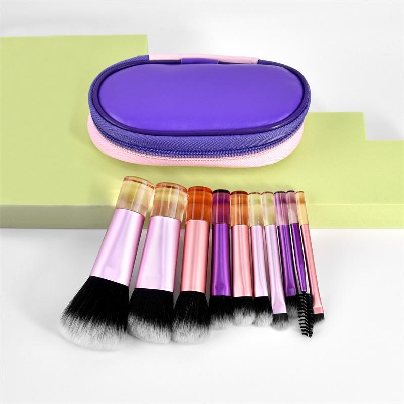 10 Mini Makeup Brush Set Crystal Handle Pink Purple Bag Travel Portable Concealer Loose Powder Brush