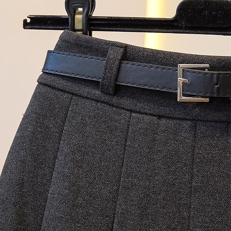 2026 Petite Plus Size Wool Pleated Midi Skirt - High Waist, Versatile School Style with Belt