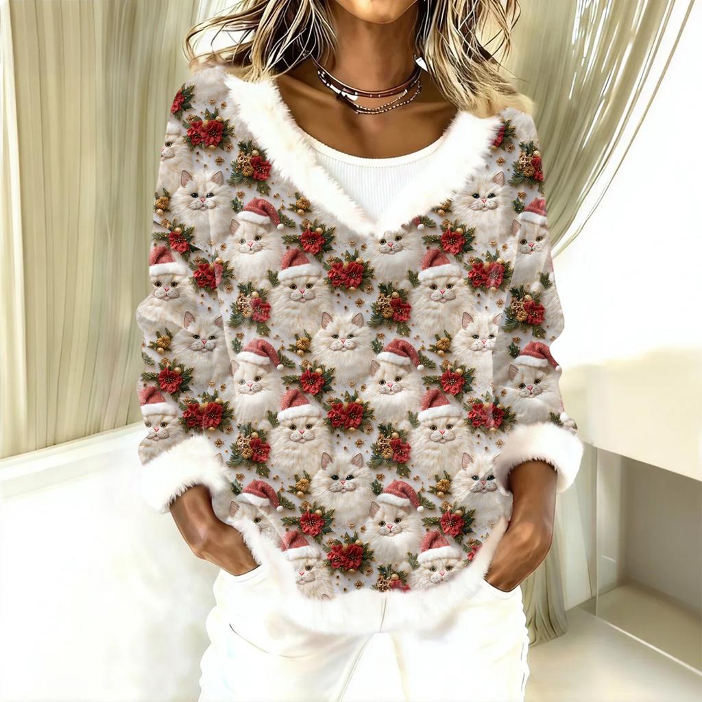 Dámský módní plyšový pulovr s výstřihem do V, tričko s dlouhým rukávem, vánoční potištěná mikina