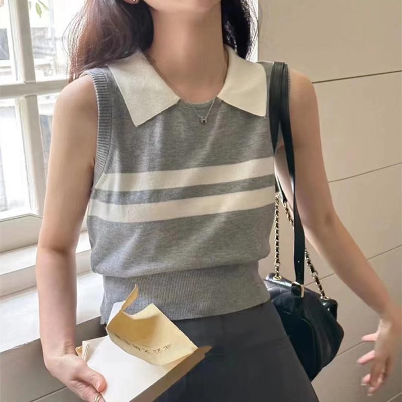 Summer New Korean Version of College Style Lapel Patchwork Color Vest Sleeveless Vest Wear Sweater Vest Women's Wear