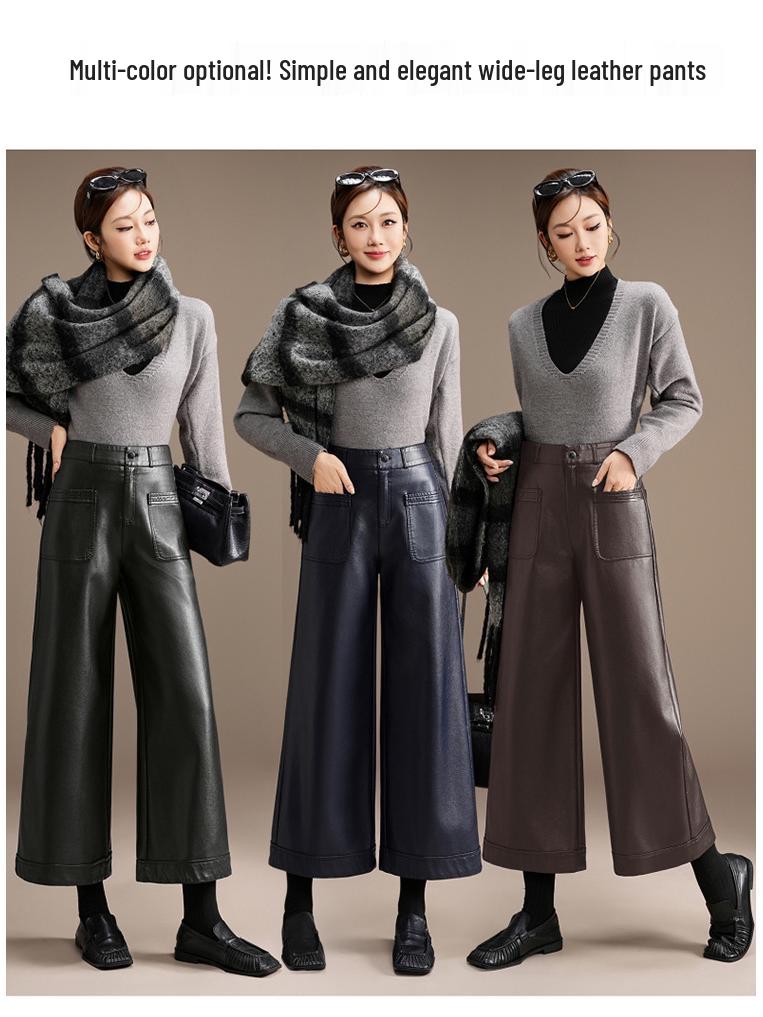 Pantalones de Cuero de Pierna Ancha Talla Grande de Cintura Alta para Mujer - Diseño Casual Recto de Terciopelo Corto Otoño/Invierno