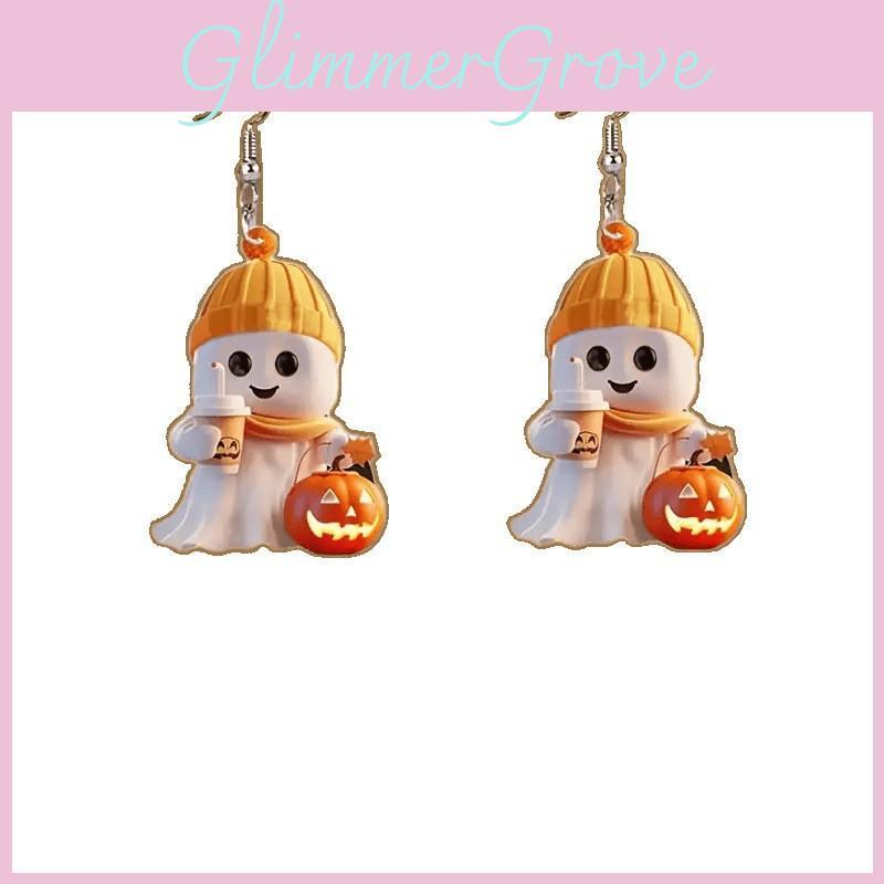 Halloween Themed Cartoon Ghost Milk Tea Pumpkin Pattern Women Acrylic Earrings For Daily Casual Attire