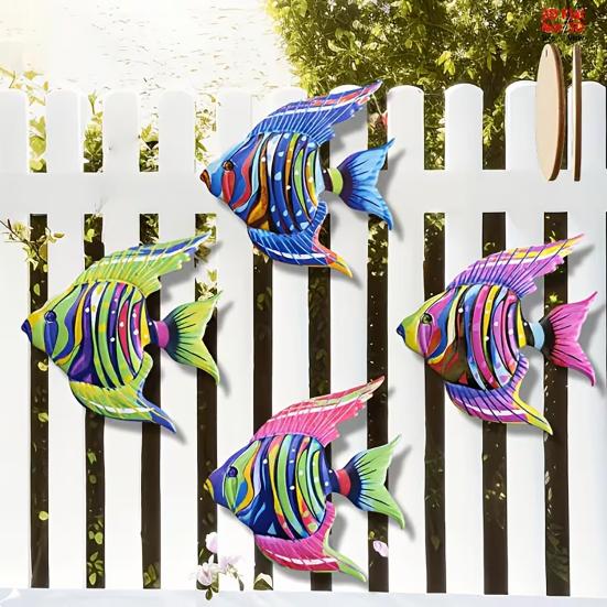 4 Pcs Wooden Fish Wall Decor Coastal Tropical Fish Wall Art Nautical Beach Theme Ocean Animal Hanging Sculpture for Bathroom Living Room Patio Decor