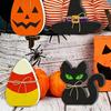 Tiered Tray Halloween Set 6Pcs Decor, Ghost Black Cat Mummy Figurines, Pumpkin Witch Wooden Decorations Hat Bat Ornaments for Shelf Table, Party