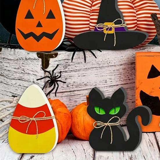 Tiered Tray Halloween Set 6Pcs Decor, Ghost Black Cat Mummy Figurines, Pumpkin Witch Wooden Decorations Hat Bat Ornaments for Shelf Table, Party