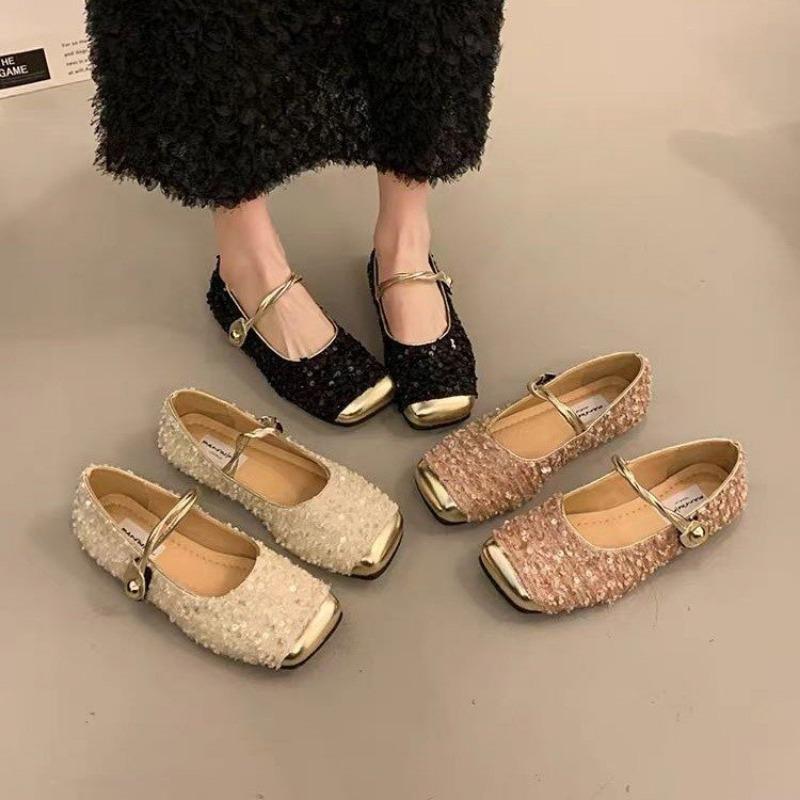 Temperament women's shoes spring new silver light mouth single shoes women's soft flat sequined Mary Jane shoes