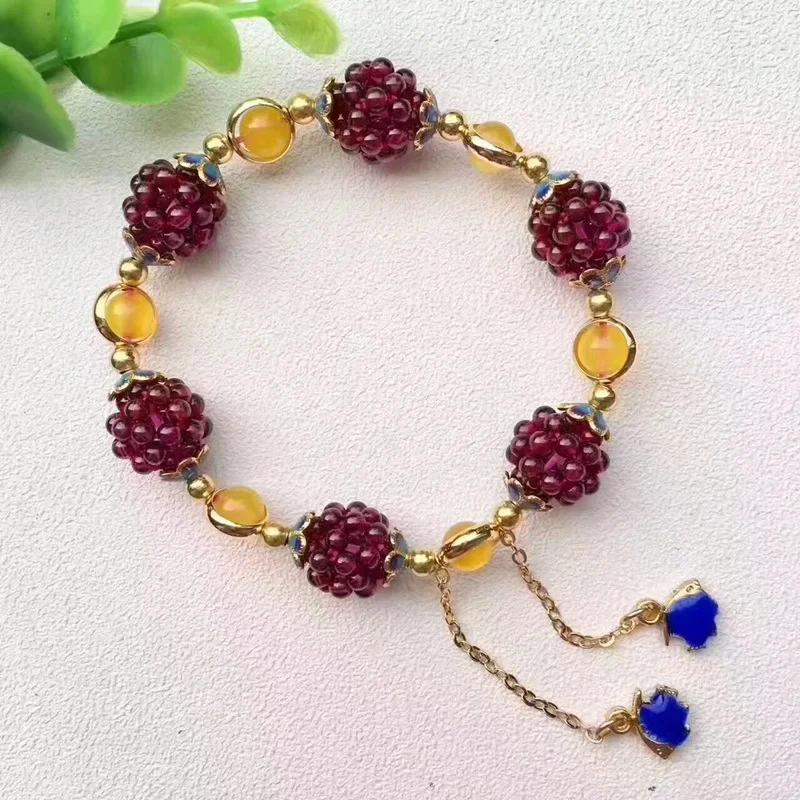 3mm Natural Garnet Flower Ball Crystal Bracelets Fashion Women Woven Transfer  Cloisonné Tassel Bangles Party Jewelry