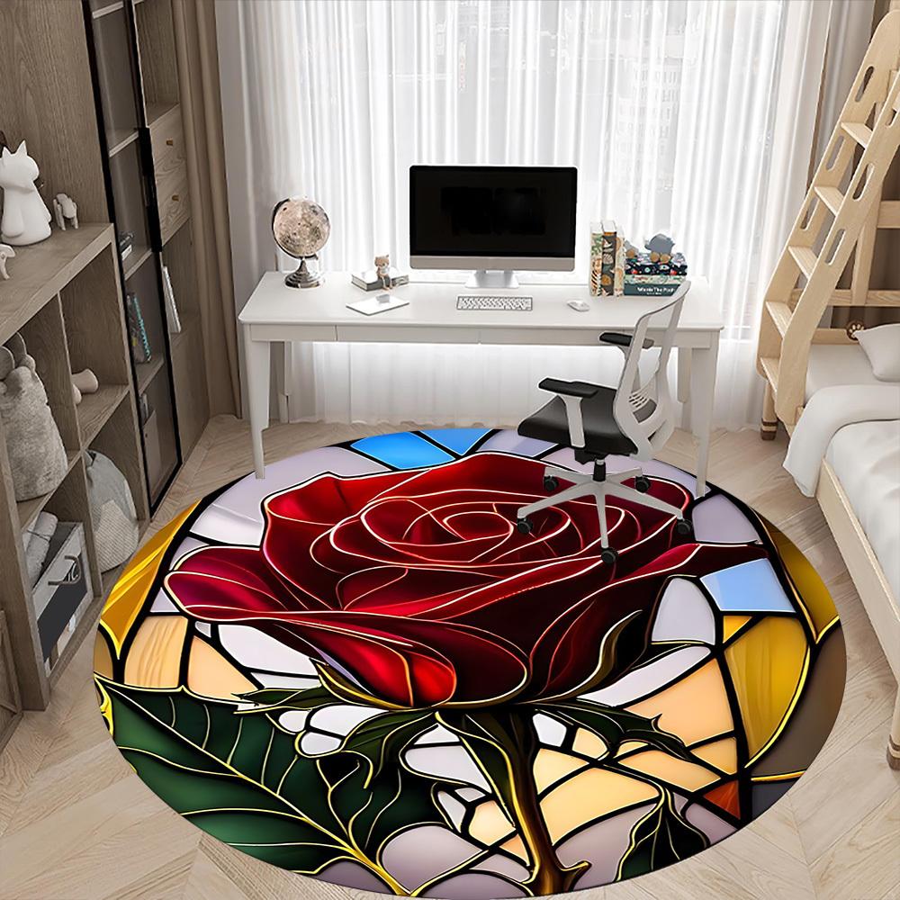 1pc Rose StainedGlass Office Round Area Rug, Under Office Chairs Bedroom Living Room Home Decor, Room Deco