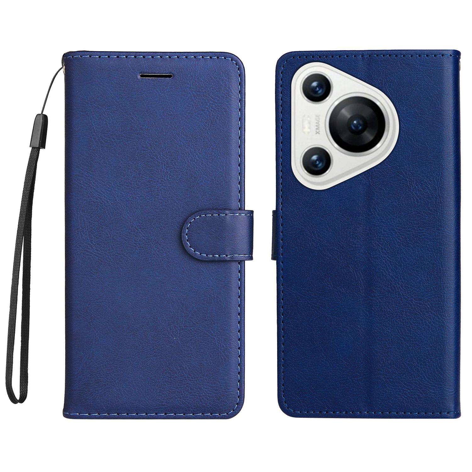 

For Huawei Pura 70 Case Solid Color Leather Mobile Cover Wallet Stand with Strap Blue