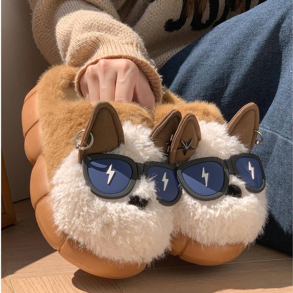 Lightning Dog Cartoon Plush Warm Cotton Slippers Winter Warm Home Indoor Cute Eye Dog Non-slip Cotton Shoes