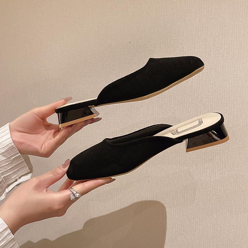 Women Slippers Pointed Toe Leopard Design Shallow Slip On Thin Low Heels Black Flock Design Casual Mules Loafers Black Outdoor