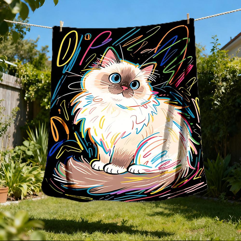 1pc Colorful Cat Artwork Throw Blanket Polyester Fiber, Lightweight Flannel, Soft & Warm, All Season Use for Outdoor, Camping
