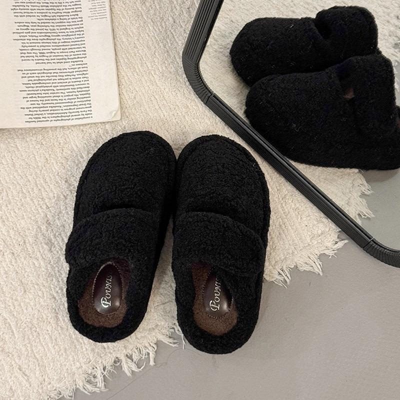 Fashionable Fleece Lined Flat Bottom Fur Slippers Women's Cotton Mary Janes Warm Autumn Winter Rubber Surface Slippers