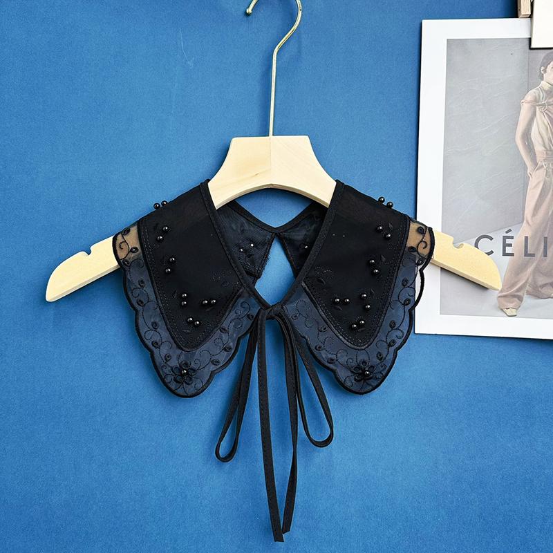 Embroidery Lace Detachable Black Fake Collar See Through Mesh Shawl Bow Tie Ribbon Decoration Collar Floral Scarf Capelet
