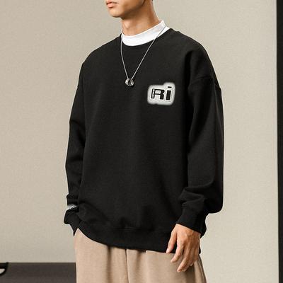 Autumn American Heavy Black Crew Neck Sweater Men'S Loose Large Size Casual Printed Top Korean Version Trend