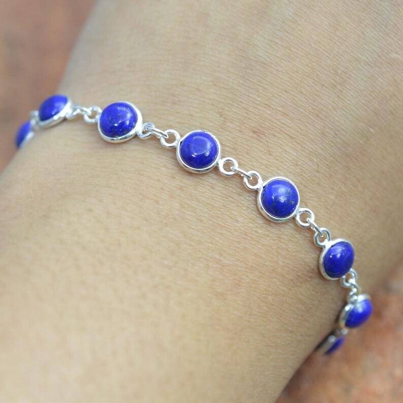 Solid 925 Sterling Silver Round lapis Lazuli Gemstone Handmade Boho Tennis Bracelet Gift For Her