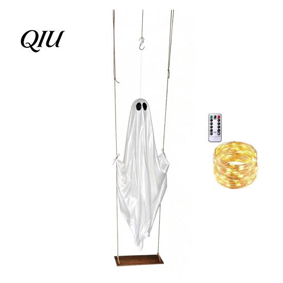 Halloween Tree Hanging Swinging Ghost Decoration, LED Light Up Large Spooky Outdoor Party Decorations with Remote Control for Outside Garden