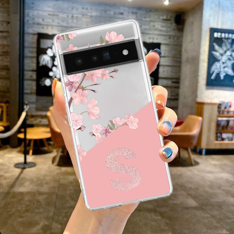 Pink Letter Flower Phone Case For Google Pixel 9 Pro XL 8 7 6 Pro 8A 7A 6A 5 4 5A 4A 3A XL 5G Shockproof Soft TPU Clear Cover