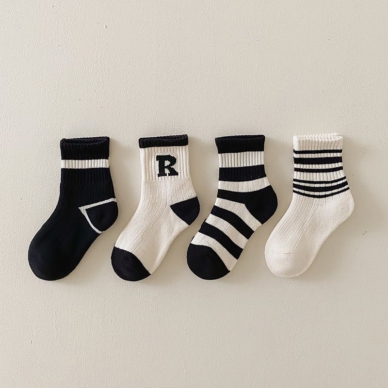 4Pairs Pink Princess Girl Socks Spring Autumn Kids Cotton Middle Tube Socks Korean Plaid Striped Toddler Socks Cartoon Stockings 2-5Years