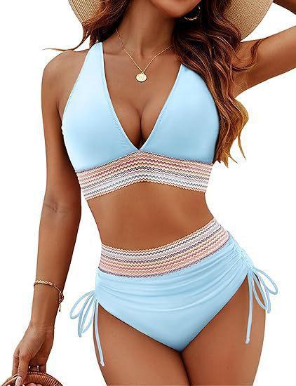 New women's split swimsuit sexy bikini high waist belly hanging neck tight swimsuit