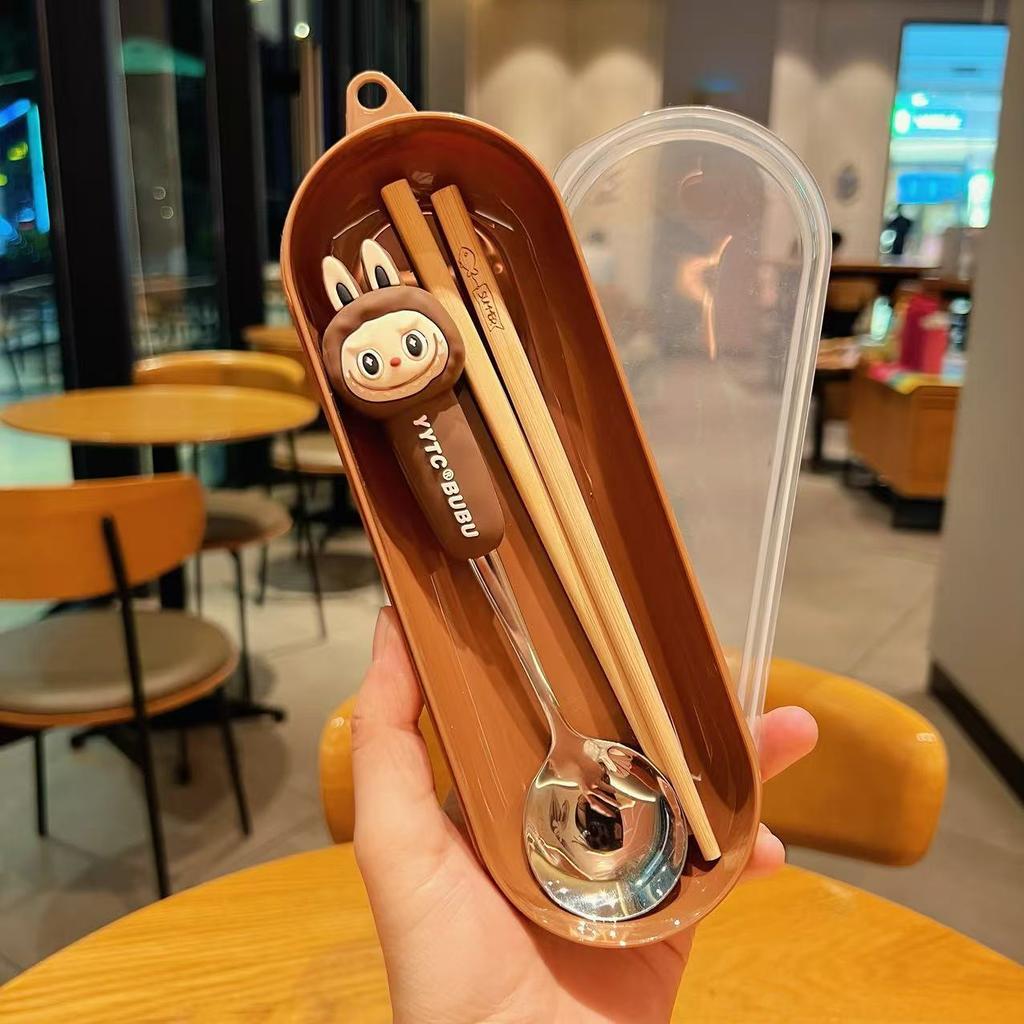 Cute 304 Stainless Steel Forks, Spoons and Chopsticks Cartoon Student and Children's Convenient Tableware Set