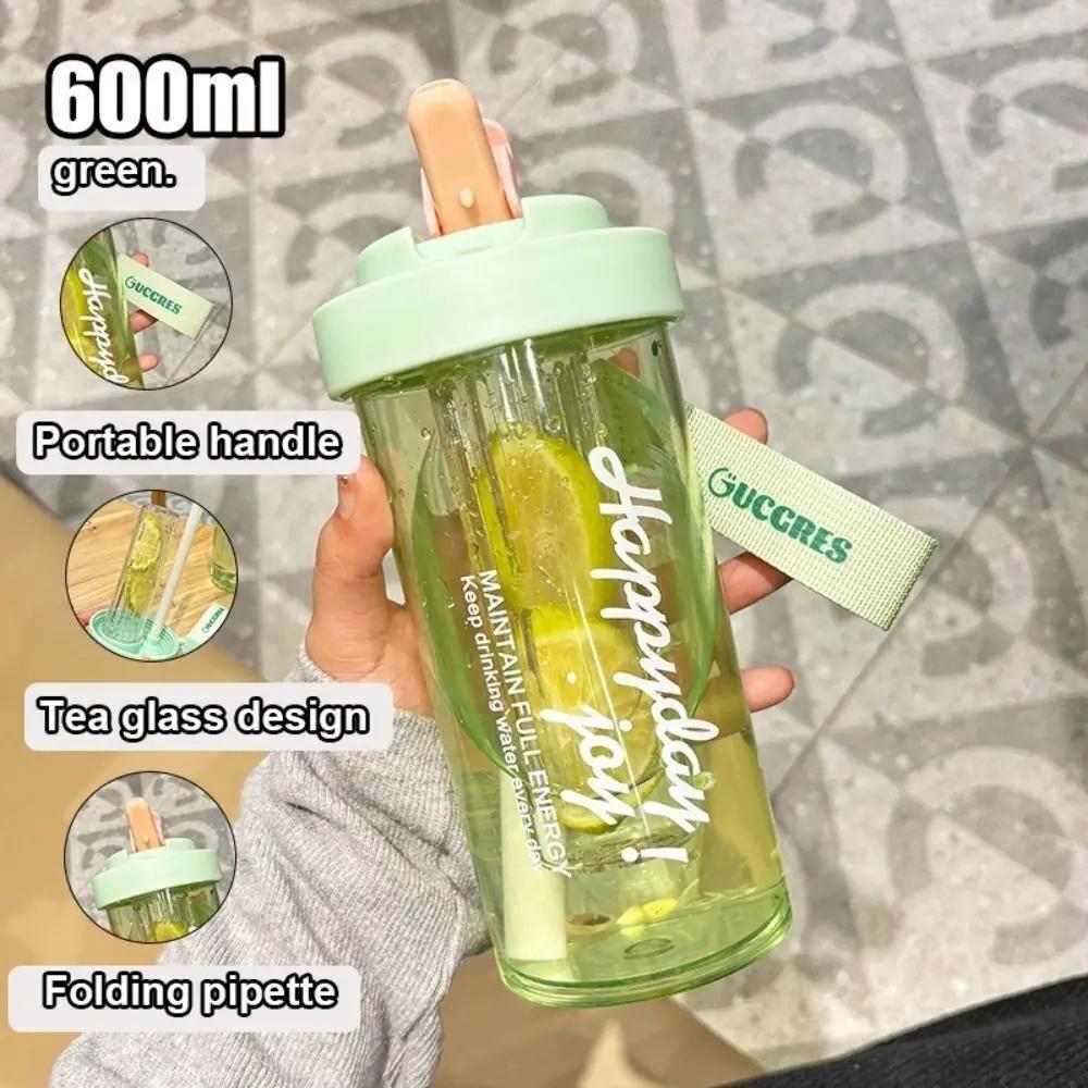 Portable Plastic Large Capacity Fruit Drink Bottles 600ml Water Bottle Transparent Folding Straw Water Bottle SummerWater Bottle